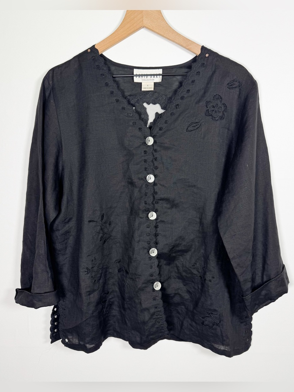 Vintage DAVID DART Black Linen Embroidered Tulle Lace Button Up Blouse Sz S